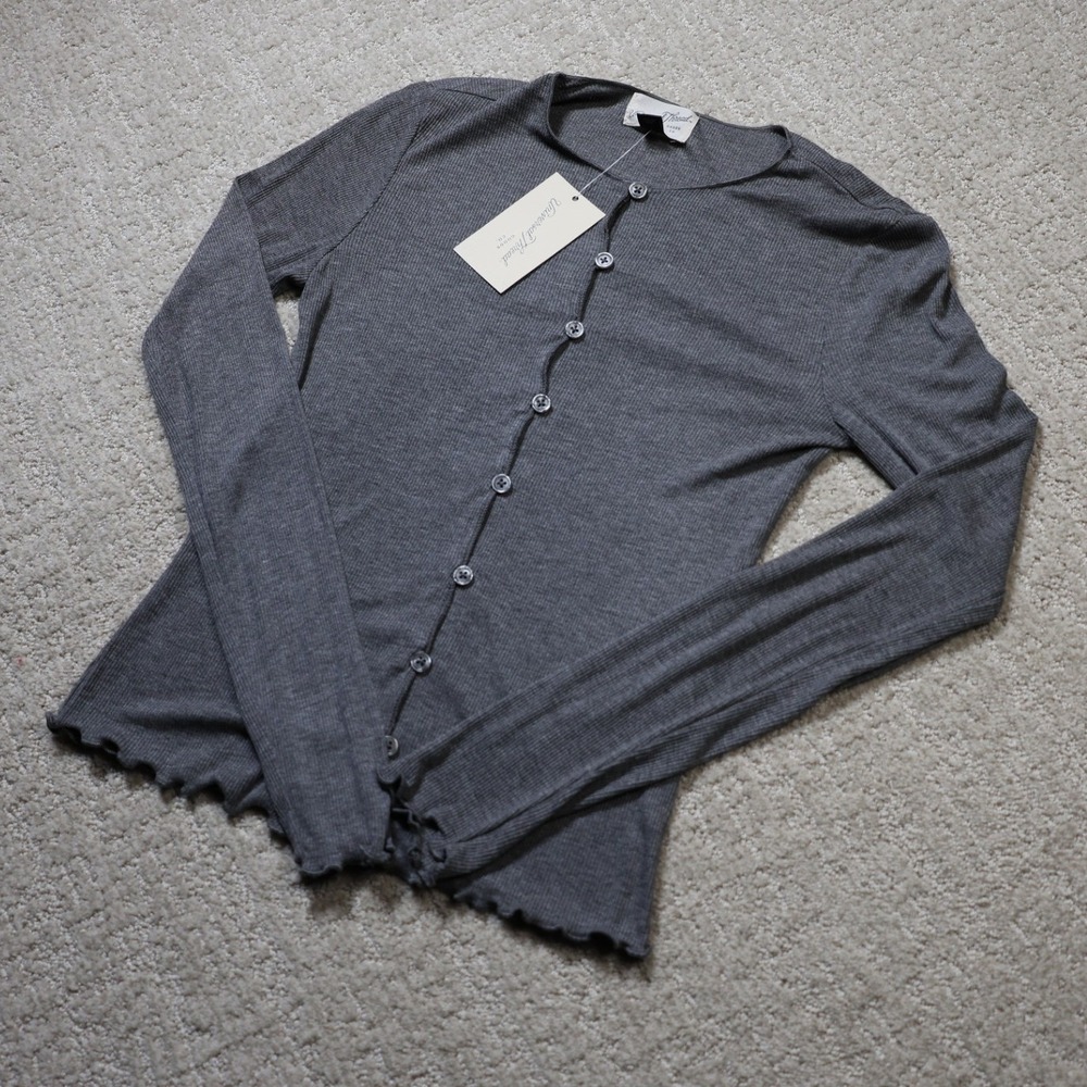 Universal Thread Womens Ribbed Lettuce Edge Cardigan Dark Heather Grey XS